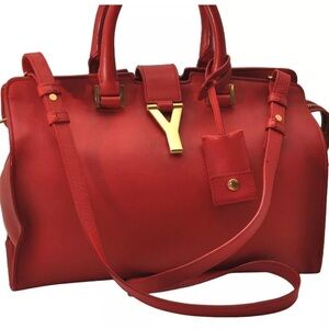 YVES SAINT LAURENT Cabas 2Way Shoulder Tote Bag Leather Red